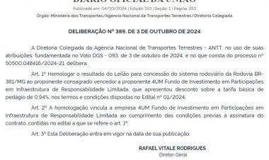 HOMOLOGADO O LEILÃO DA BR -381